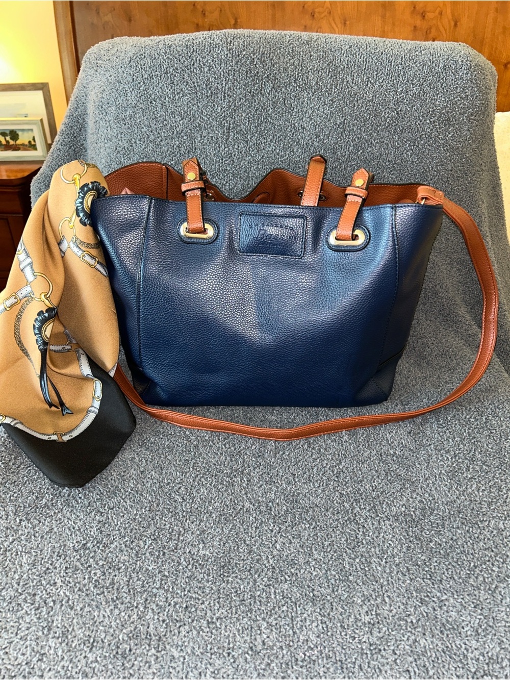 G.H. Bass & Co. Navy and Brown Shoulder Tote with scarf included